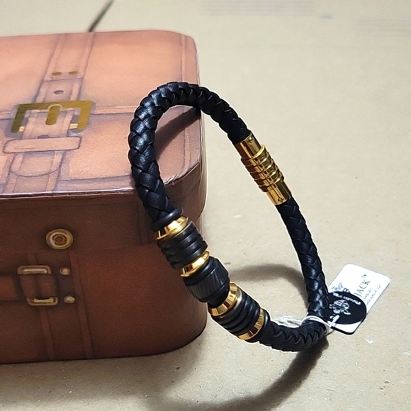 BlackJack Other - Men's Braided Leather Gold Over Stainless Steel Bracelet